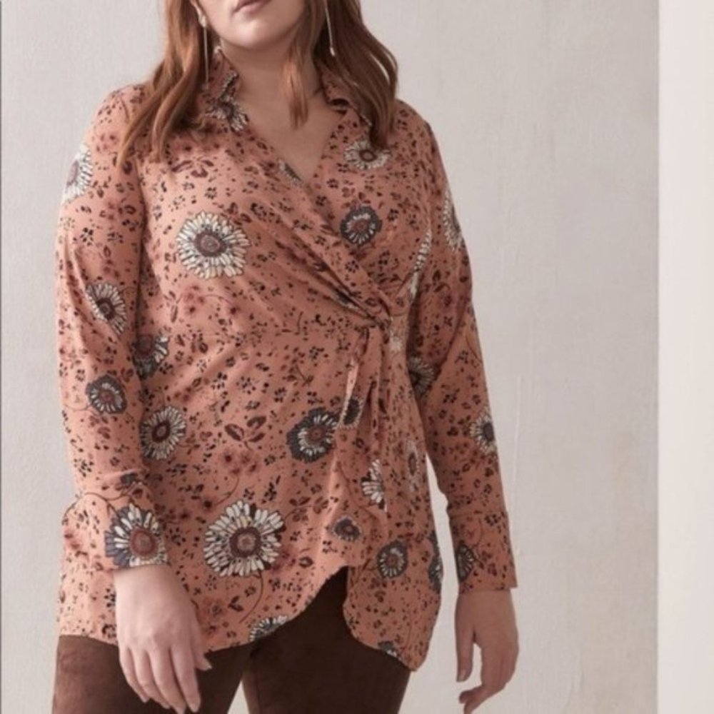 Addition Elle Women Blush Faux Wrap Floral Flowy Tunic Blouse Plus Size 2X